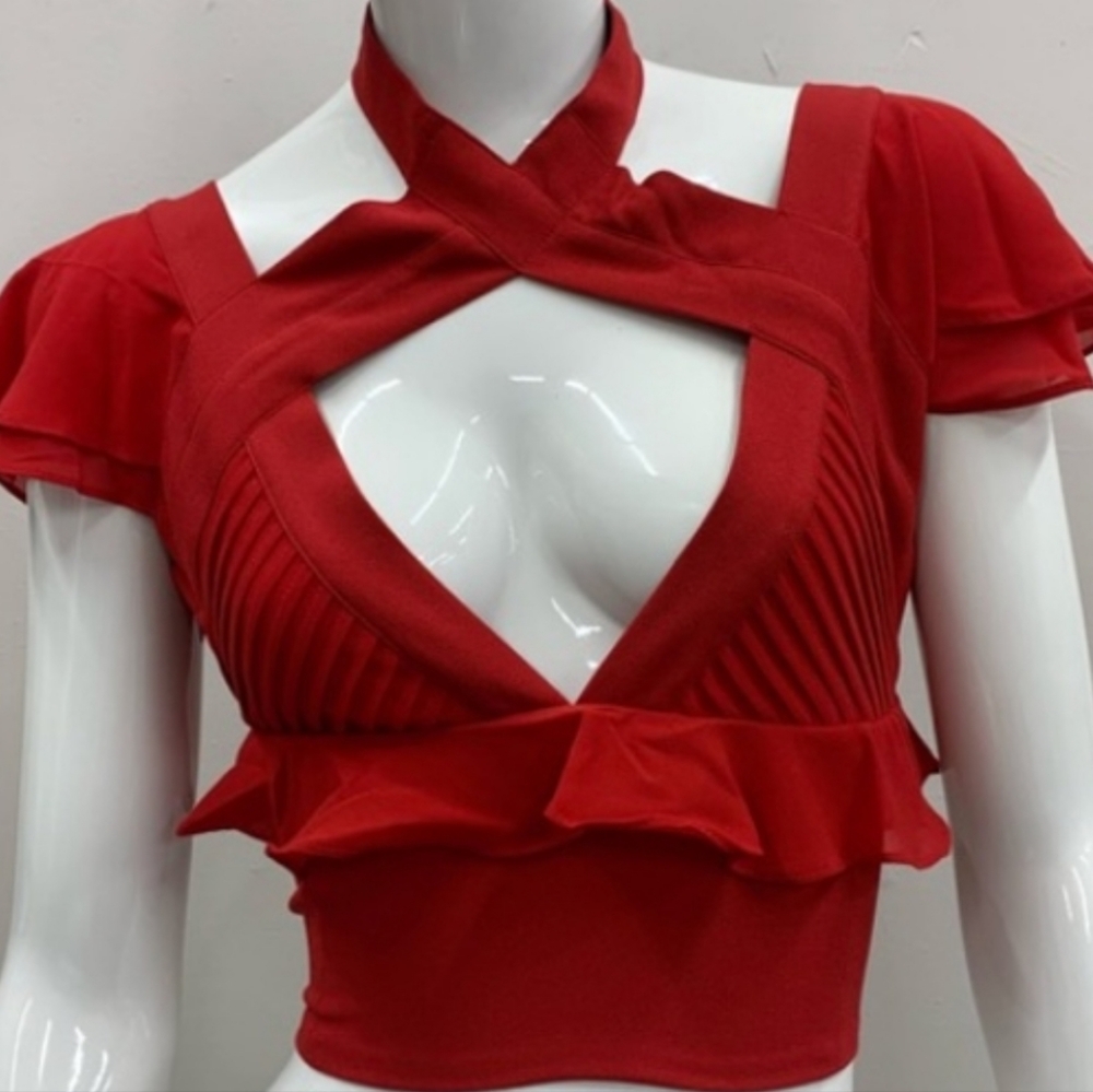 NWT Nasty Gal Crop Flutter Top Blouse Shirt Ruby Red Valentine Holiday